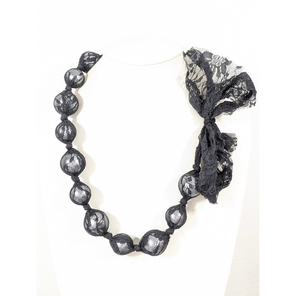 Gray Glass Faux Pearl Necklace Black Lace Tie Back Gothic Romantic Statement 26"